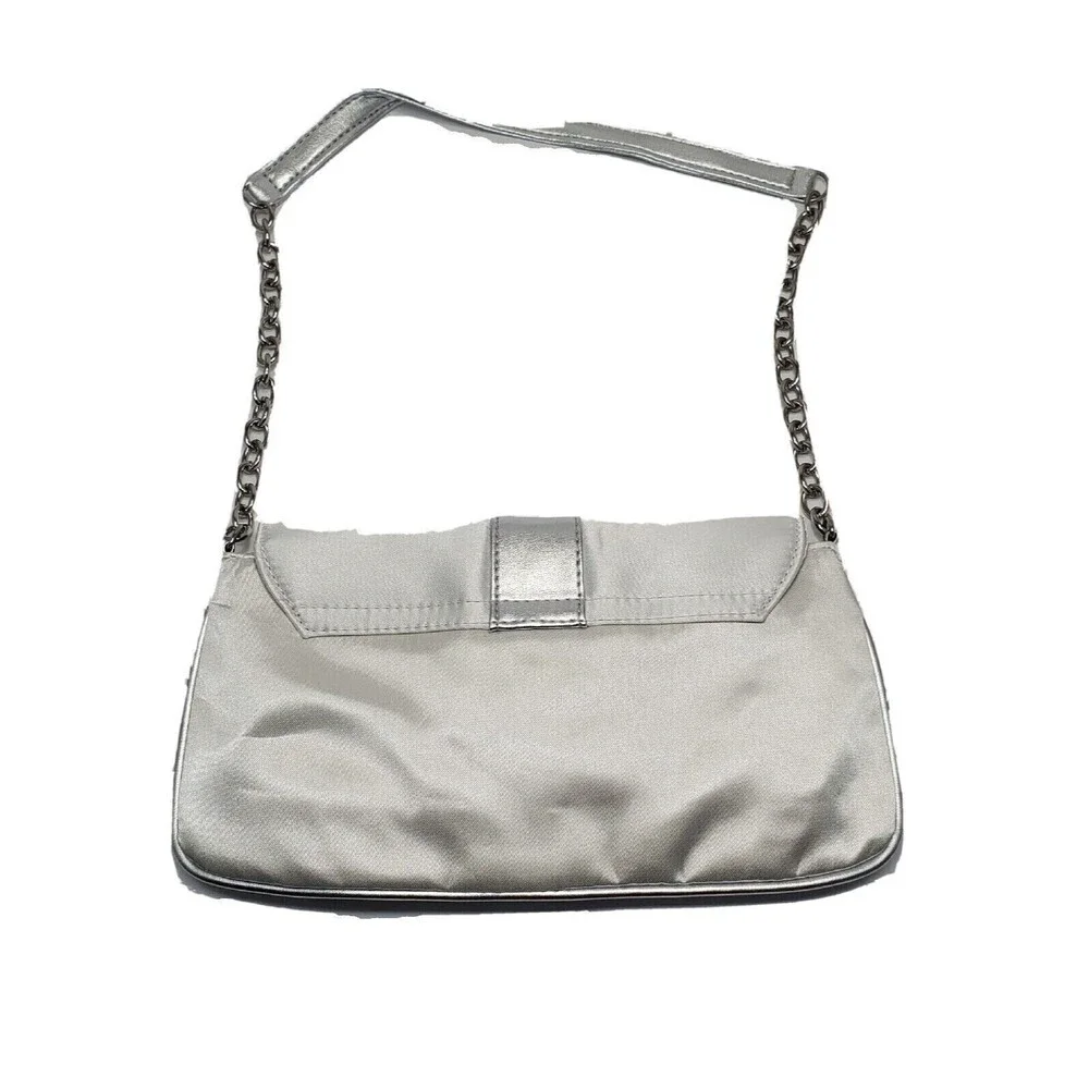 Vintage Silver Clutch Purse Fabric Wedding Evening Bag Chain Strap Lined Handbag
